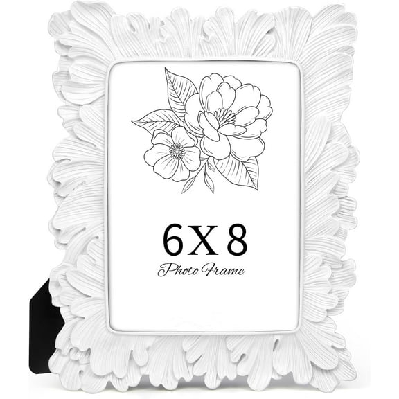 White Picture Frame 6x8 Frames, Vintage white Palm Leaves Textured Hand-Crafted Resin with Glass Front Elegant Retro Vintage Design Photo Frame for Tabletop Display Home Decor
