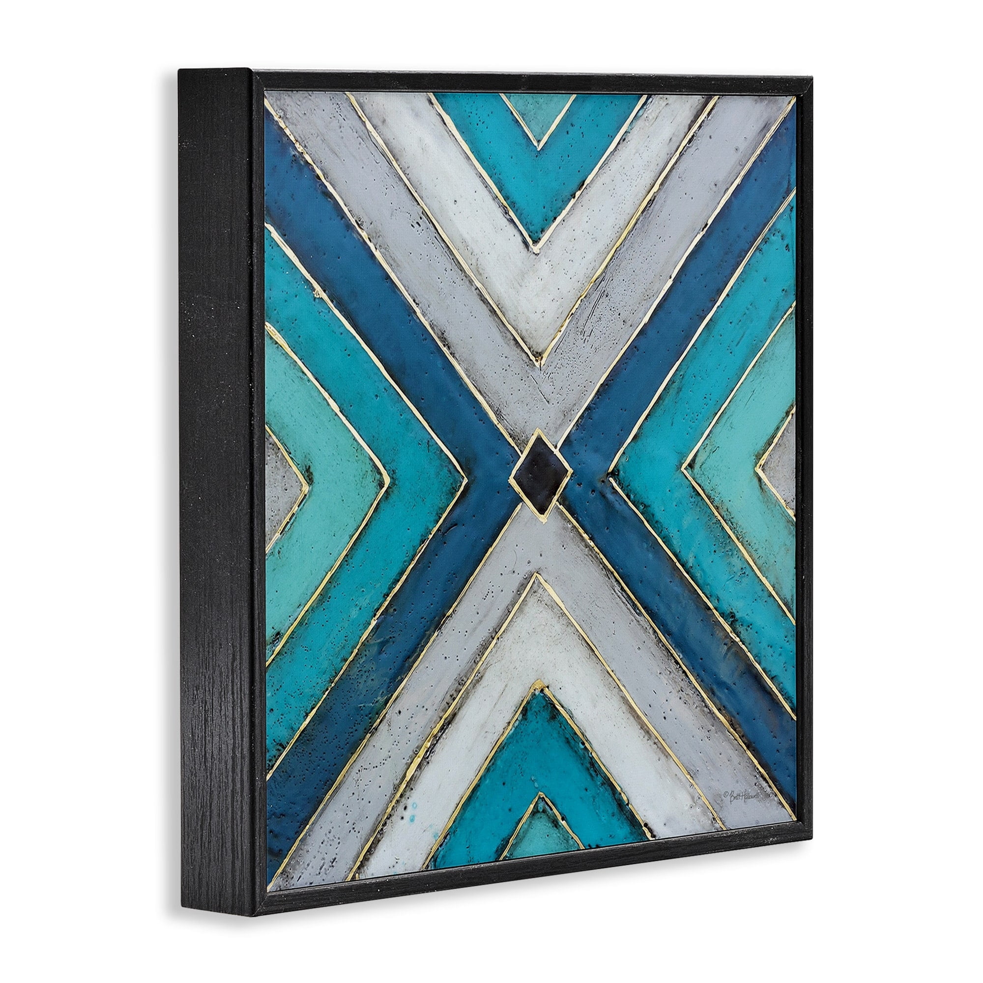 Stupell Industries Geometric Blue Grey Tile Symmetrical Patterned Design Framed Wall Art Design by Britt Hallowell, 12" x 12", Black Framed