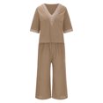 thumbnail image 3 of Lindreshi Womens 2 Piece Outfits for Summer Clearance Women's Fashion Suit Loose Cotton and Linen Lace Splicing Shirt Pants Two-Piece Set, 3 of 5
