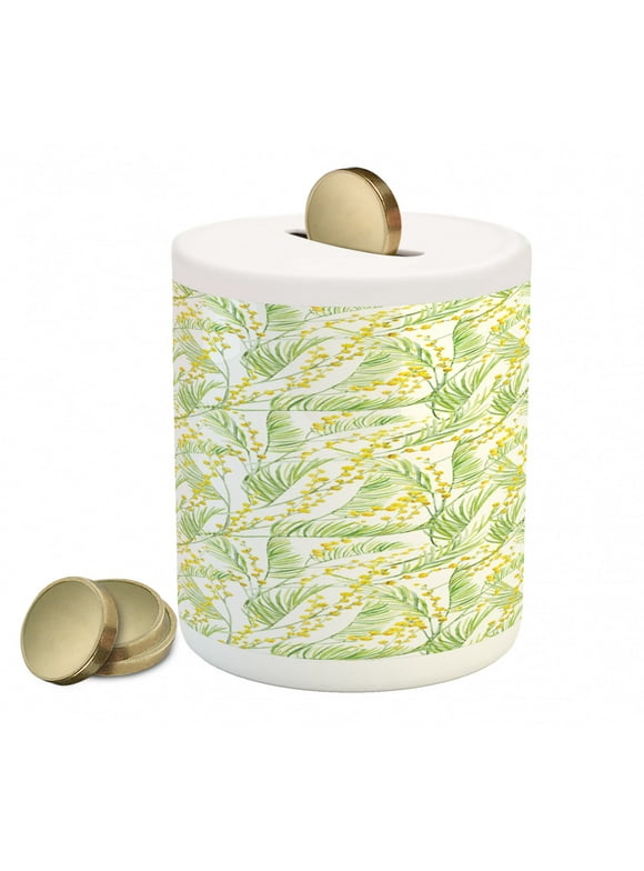 Garden Art Piggy Bank, Watercolor Mimosa Pattern Wild Spring Flowers Brush Strokes Effect, Ceramic Coin Bank Money Box for Cash Saving, 3.6" X 3.2", Apple Green and Yellow, by Ambesonne