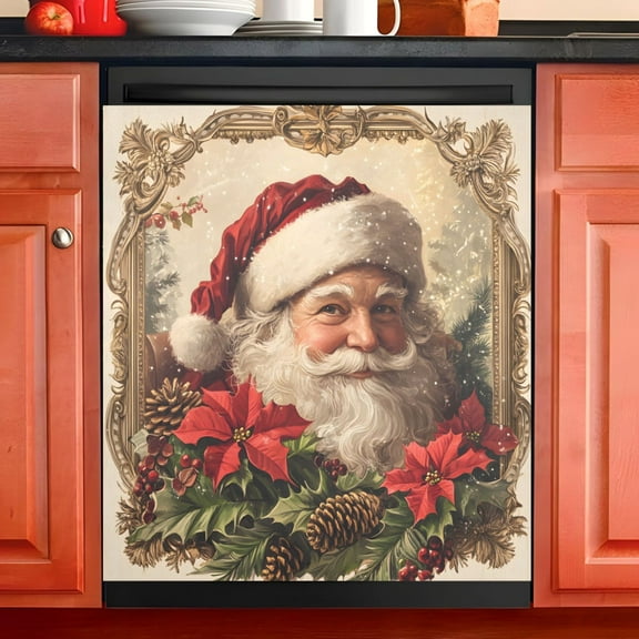 Ryvnso Vintage Santa Claus Poinsettia Dishwasher Magnetic Refrigerator Magnet Cover Kitchen Home Decorative 23"x26"