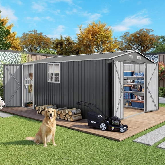 Vigo huseeo 10x14FT Metal Outdoor Storage Shed with Front and Side Doors, Garden Shed for Backyard (Gray)