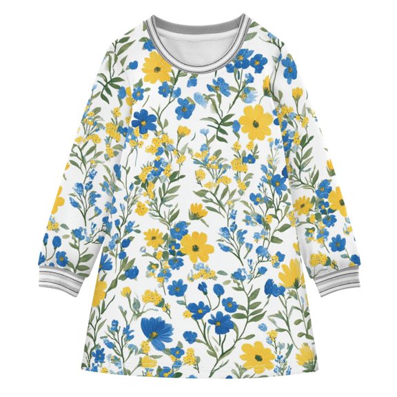 Blue and Yellow Florals Watercolor Long-sleeved Dress A-line One-Piece Dress for 2-8 Years Casual Party 2T