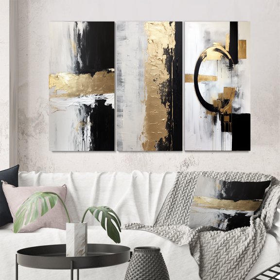 Designart "Horizontal Dimensions Gold and Black Abstract" Abstract Painting Wall Art Set Of 3 - Modern Gold Canvas Set For Living Room Decor