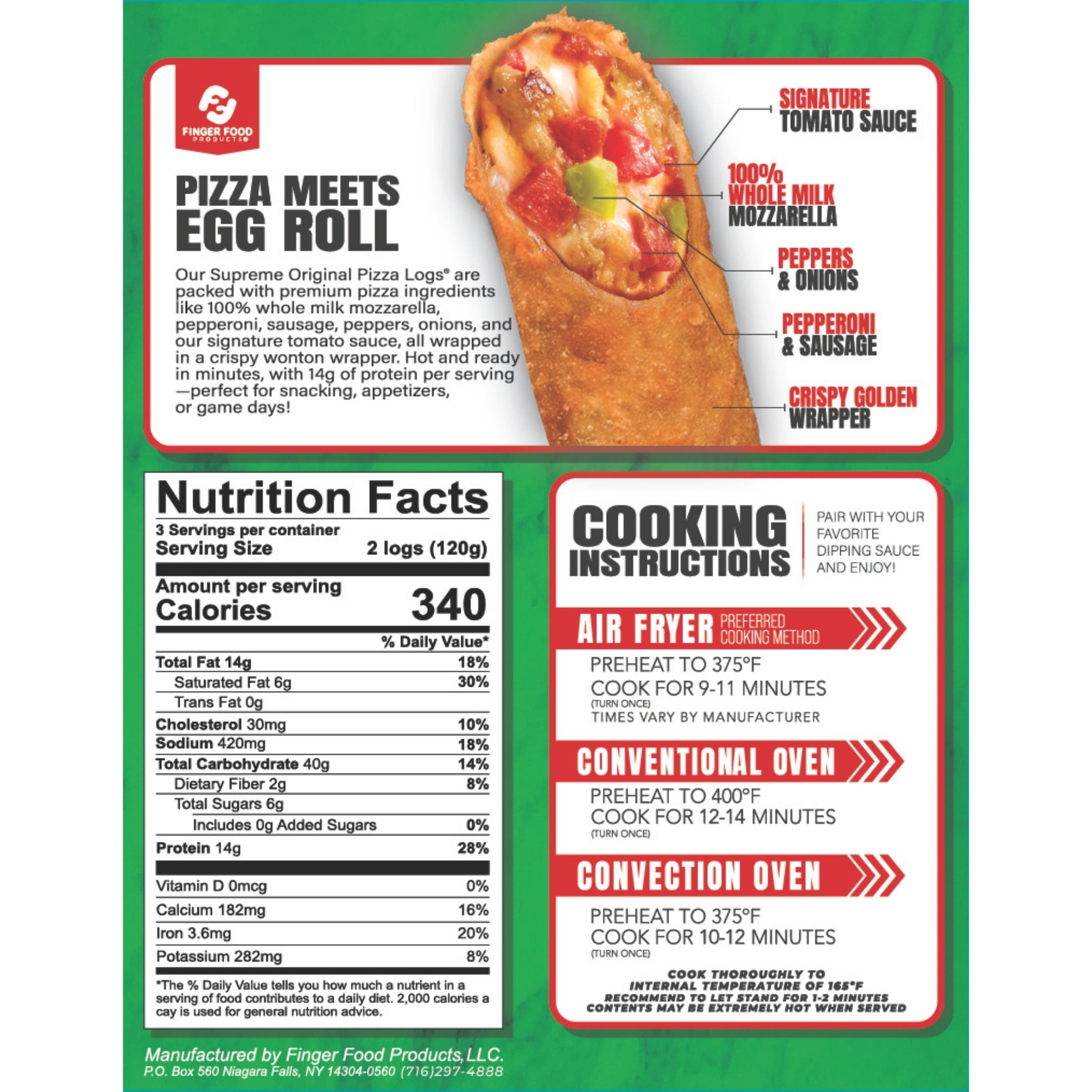 Finger Food Products Original Pizza Logs® Supreme, Air Fryer and Oven-Ready, Frozen Snack, 12.4 oz, 6 Count