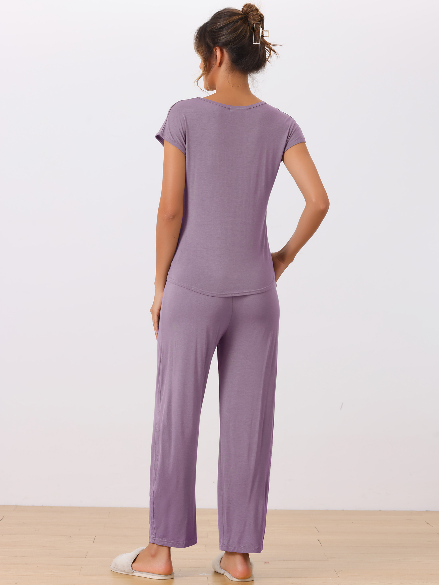 DARING DIVA Women's Short Sleeve Pajama Set Loungewear Long Pants Sweatsuit M Purple