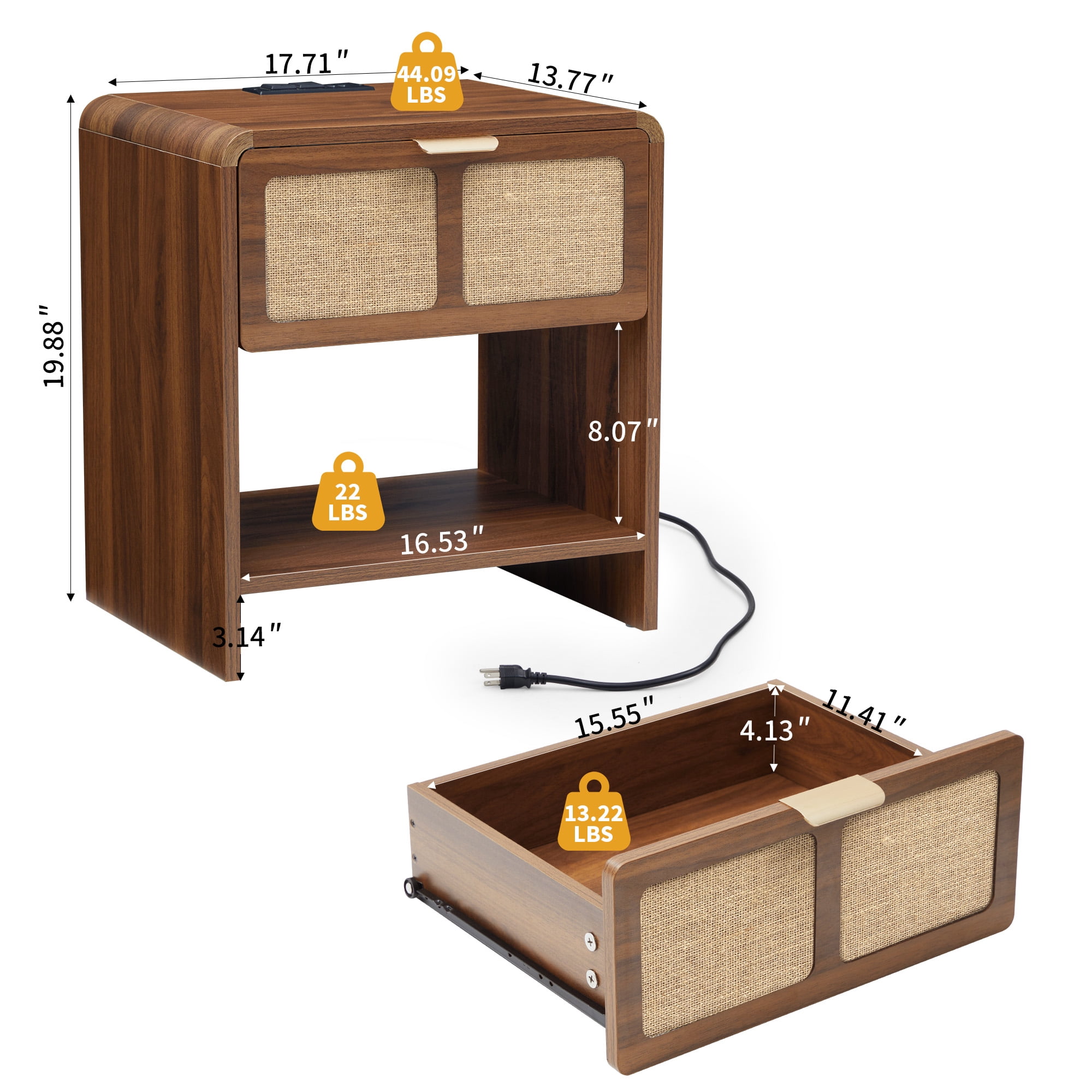 YOCWO Nightstand with Charging Station for Bedroom, Linen Bedside Table with Drawers, Walnut