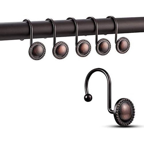 Rustproof Antique Decorative Shower Curtain Hooks, 12pcs Oil Rubbed Bronze Shower Curtain Ring Holders for Bathroom Shower Rods Curtains Home
