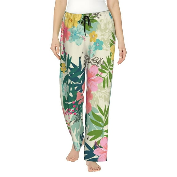 Logiee Tropical Flowers Print Women Pajama Pants,Comfy Pj Bottom with Pockets & Drawstring,Stretch Casual Sleepwear-Small