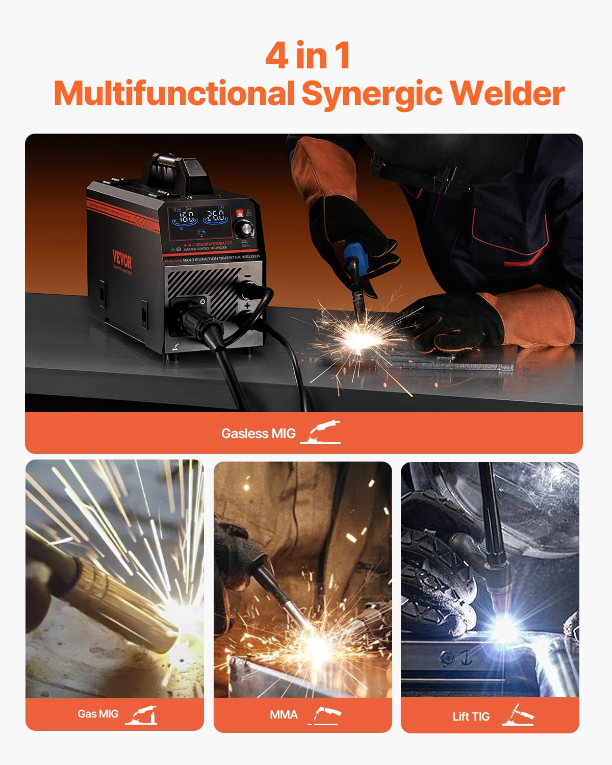 VEVOR MIG Welder, 160A Synergic Mig Welding Machine,4-in-1 Gas MIG/Flux Core MIG/Stick/Lift TIG Multi-Process Welder Machine, 110V/220V Dual Voltage Mig Welder with IGBT Inverter & LCD Screen Display