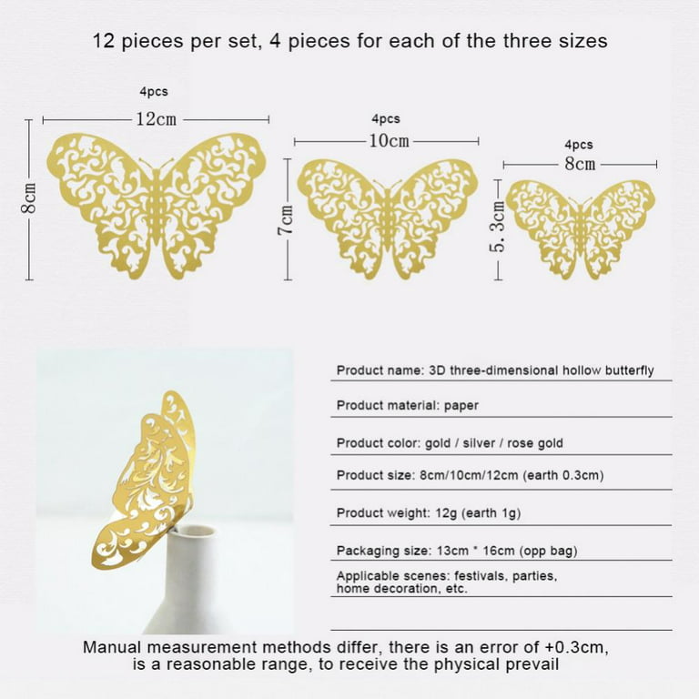 3D Butterfly Wall Stickers, 16PCS Gold Butterfly Wall Decals Decorations  Stickers, for Home Nursery Classroom Kids Bedroom Decor, Gold