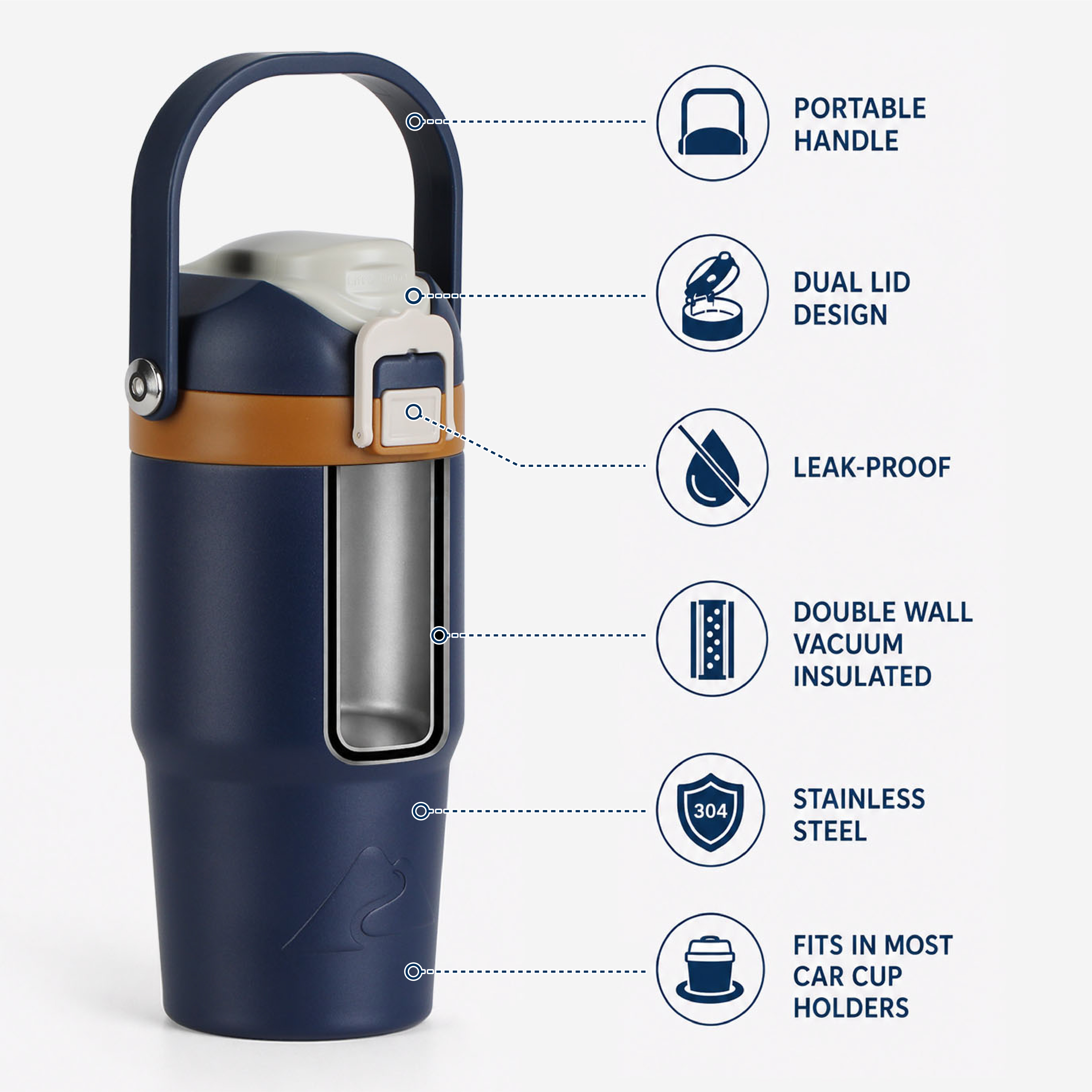Termo de acero inoxidable al vacío de 18 oz con doble tapa, pared doble, tapa para sorber y verter, color Blue Cove 3