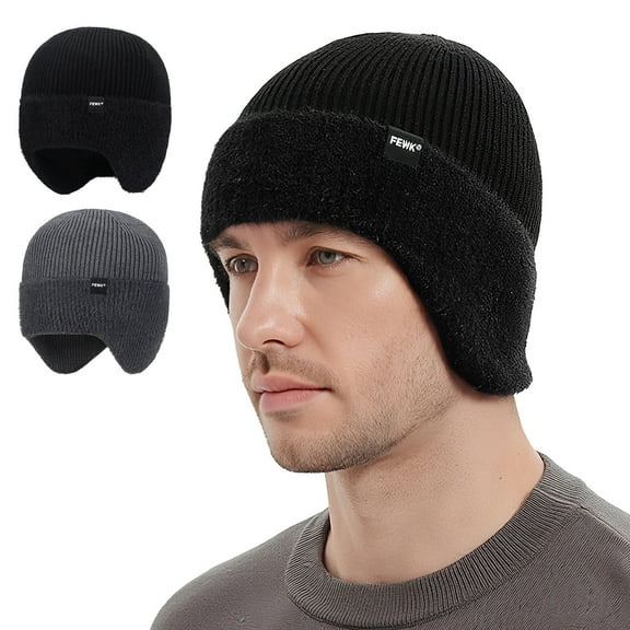 Amaopus 2 Pack Winter Beanie Hats for Men Women, Fleece Lined Beanie Soft Warm Knit Hat with Earflap, Outdoor Warm Thermal Knitted Hat Stocking Caps