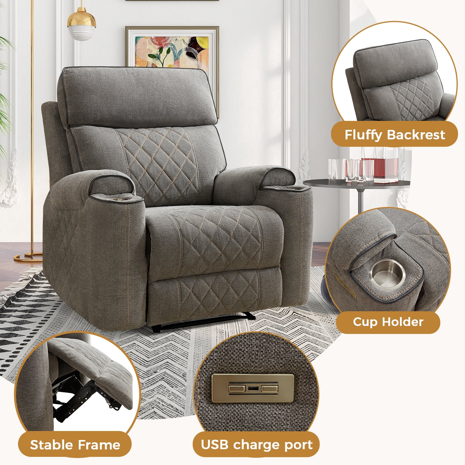 Bonzy Home Electric Power Recliner with USB Ports and Cup Holders Home Theater Seating Reclining Chair