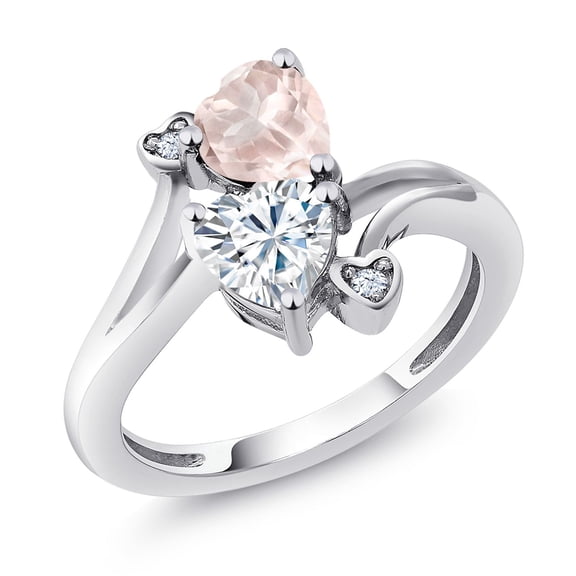 Gem Stone King 925 Sterling Silver Rose Rose Quartz White Moissanite Ring for Women (1.55 Cttw, Heart Shape 6MM, Gemstone Birthstone, Size 8)