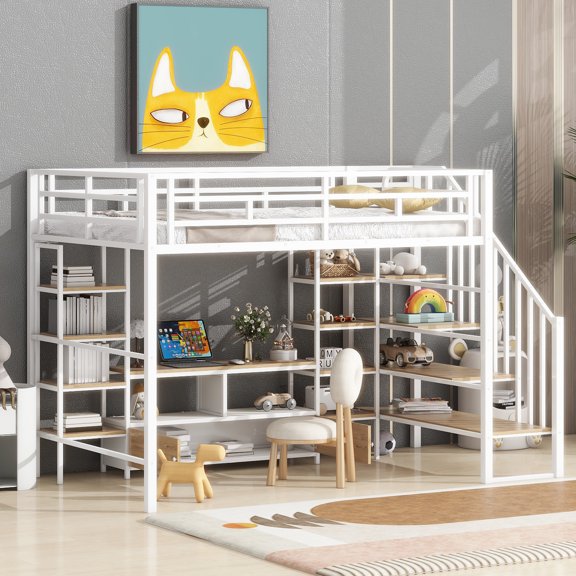 Euroco Metal Full Size Loft Bed with Desk and Cabinets, Storage Shelves and Staircase for Kids Teens, White
