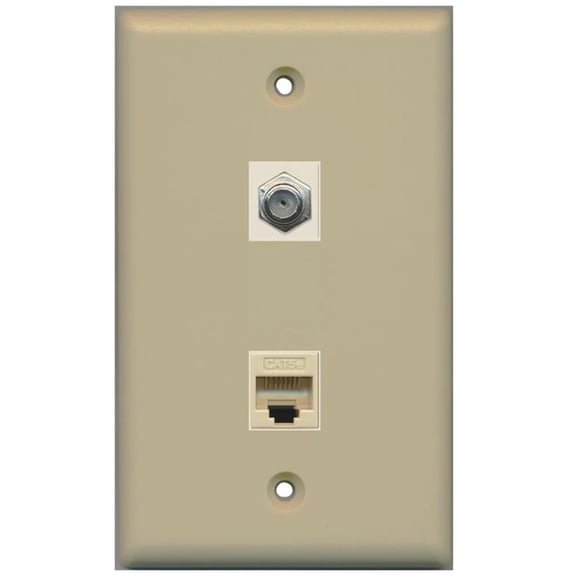 RiteAV - 1 Coax F Type and 1 Cat5e Ethernet Port Wall Plate - Ivory - Bracket Included