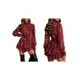 thumbnail image 2 of Women's Floral Long Puff Sleeve Dress Chiffon Mock Neck Tie Waist Ruffle Layered Mini Dresses Deep Red XS, 2 of 7