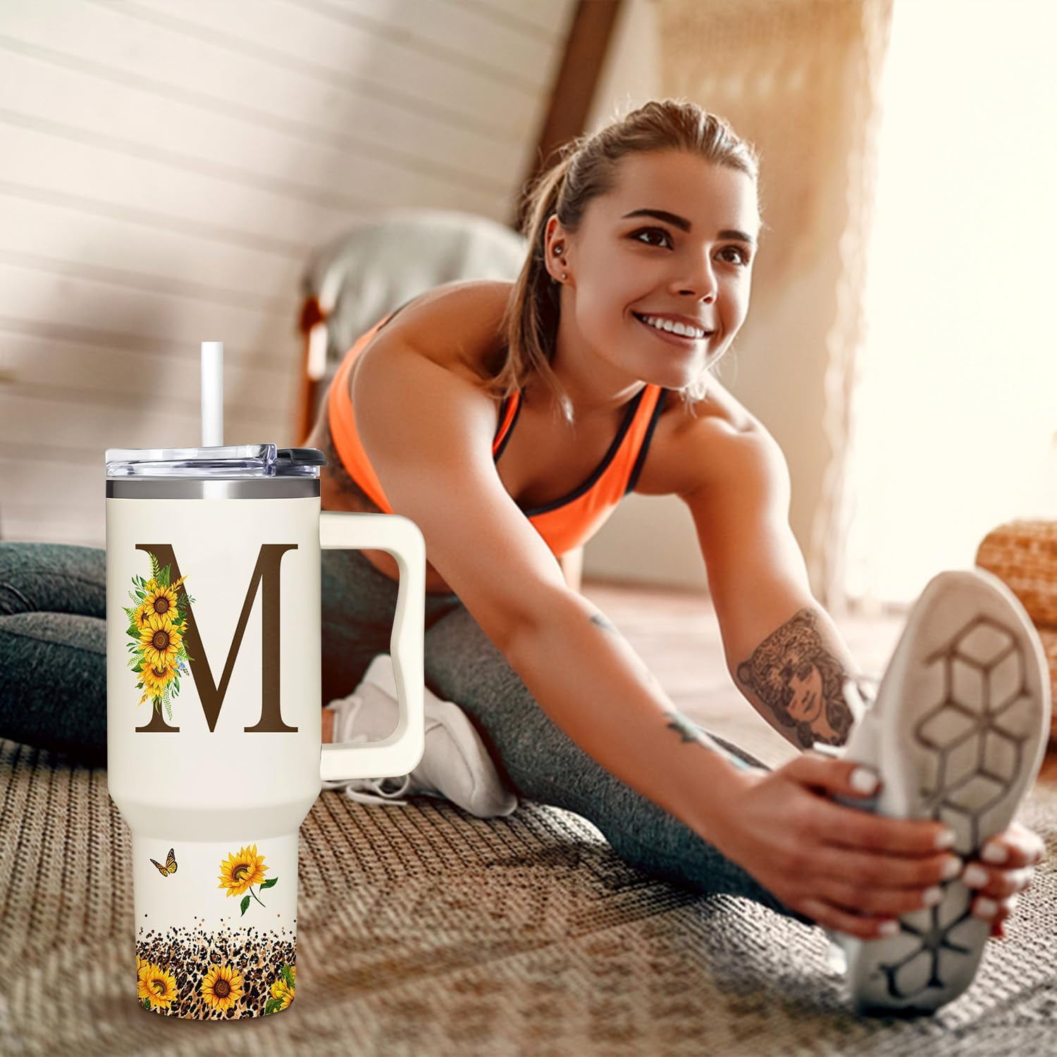 Personalized Birthday Gifts For Women - Sunflowers Monogrammed Cup For Boss Day, Christmas - Customized Gifts For Women, Mom, Wife, Coworkers, Boss Lady, Her - Custom Tumbler With Handle 40oz