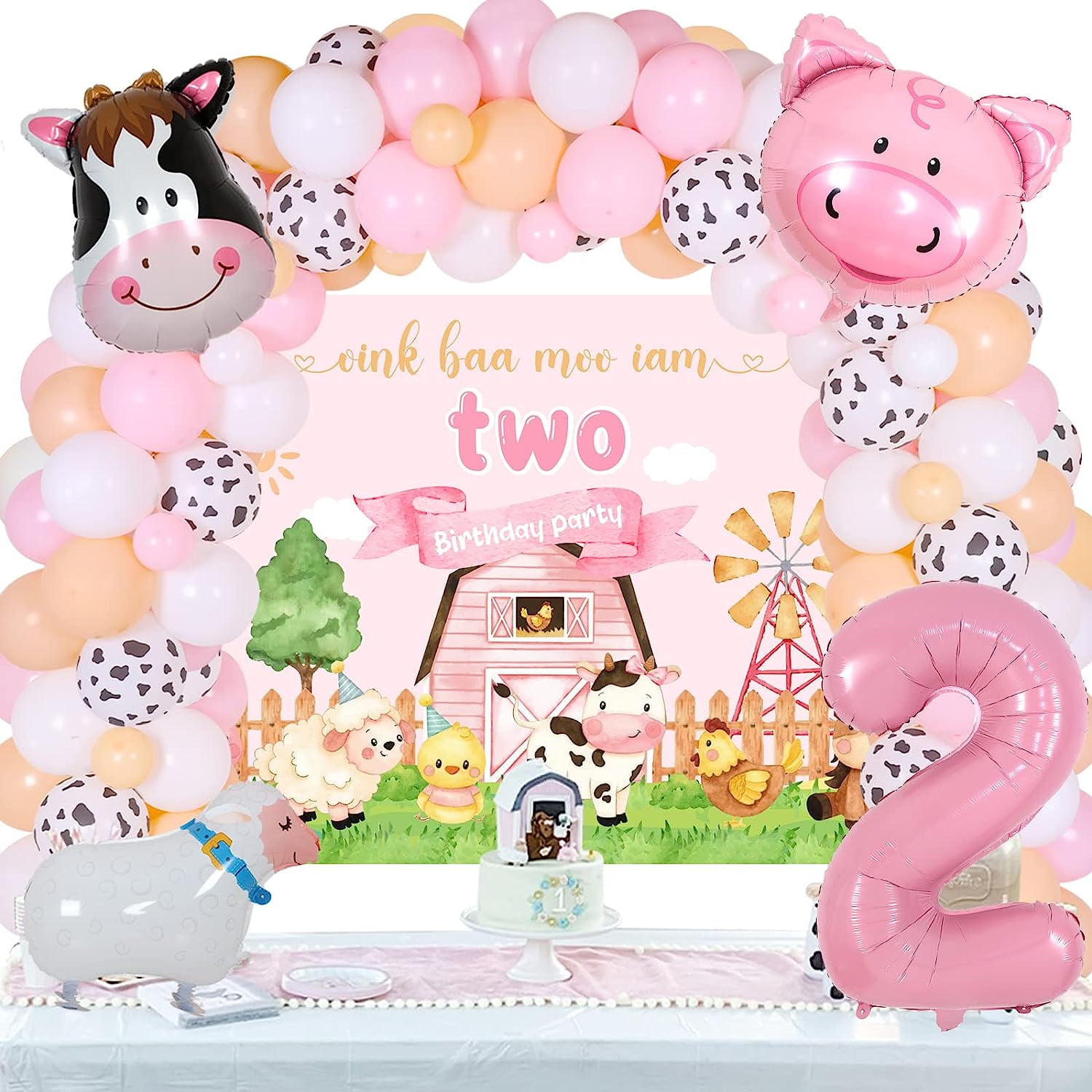 2nd Birthday Decorations Girl - Pink Party Supplies With Balloons Banner & Tablecloth