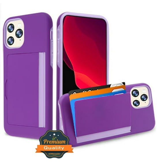 Apple iPhone 11 PRO Wallet Phone Case Ultra Protective Cover with 3 Cedit Cards ID Holder Slots [Slim] Heavy Duty Shockproof Hybrid Rubber Hard PC   TPU Armor PURPLE Case Cover for Apple iPhone 11 Pro