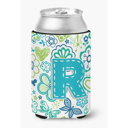 Letter R Flowers and Butterflies Teal Blue Can or Bottle Hugger