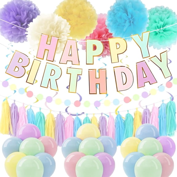 Macaron Pastel Happy Birthday Party Decorations for Women with Happy Birthday Banner,Paper Tassel,Tissue Paper Pompoms, Hanging Swirl,Circle Garland, Pastel Balloons for Party Decor
