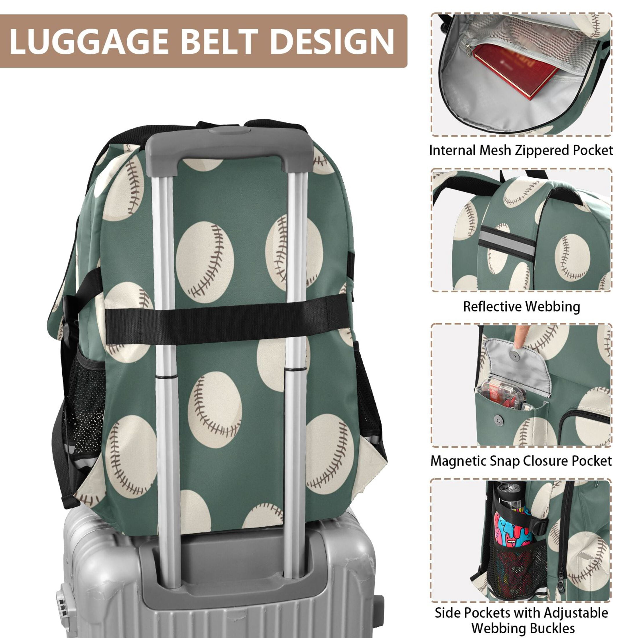 30L Backpack Durable Computer Bag for College & Travel Lightweight Daypack Fits 15.6" Laptop Green Baseball Pattern