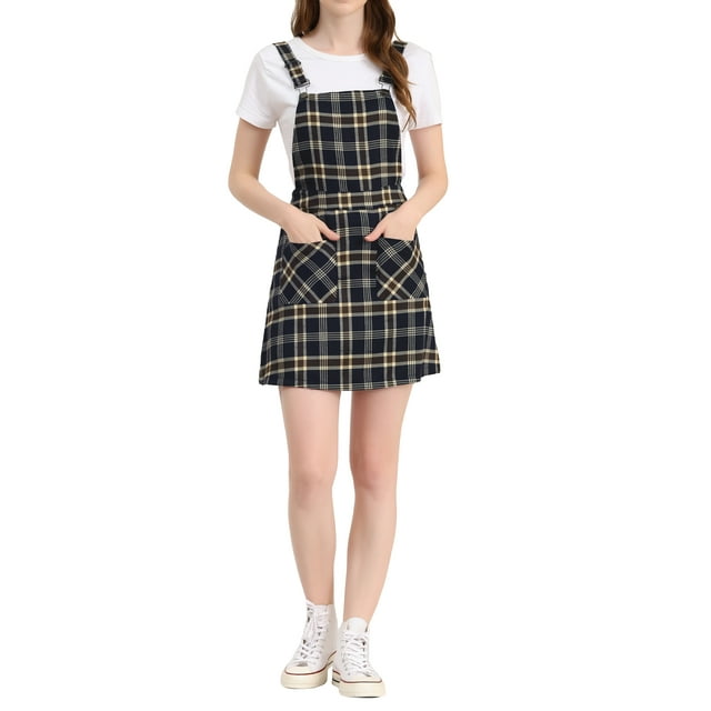 INSPIRE CHIC Robe Salopette à Carreaux pour Femme à Bretelles Ajustables m Bleu Marine