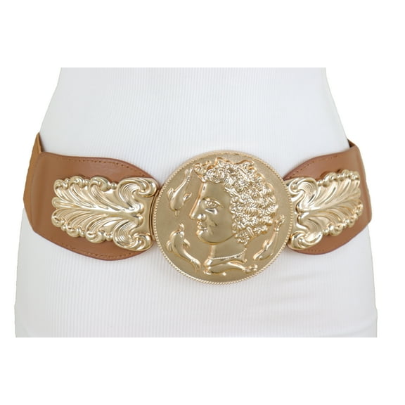 Women Brown Wide Elastic Belt Gold Metal Greek Coin Buckle S M