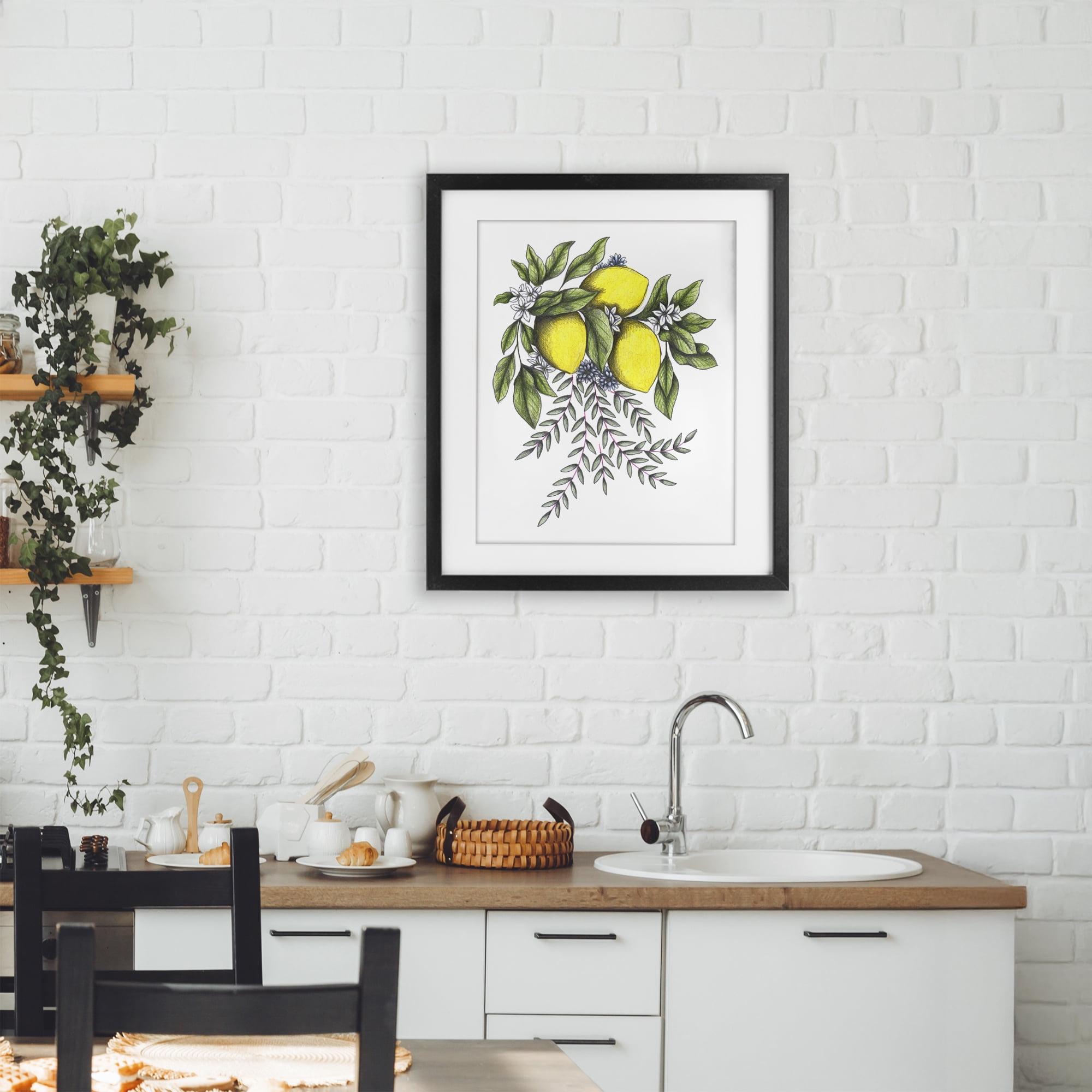 Lemons & Flowers Vintage Sketch Black Framed Print Under Glass, design by Cecilia Battaini