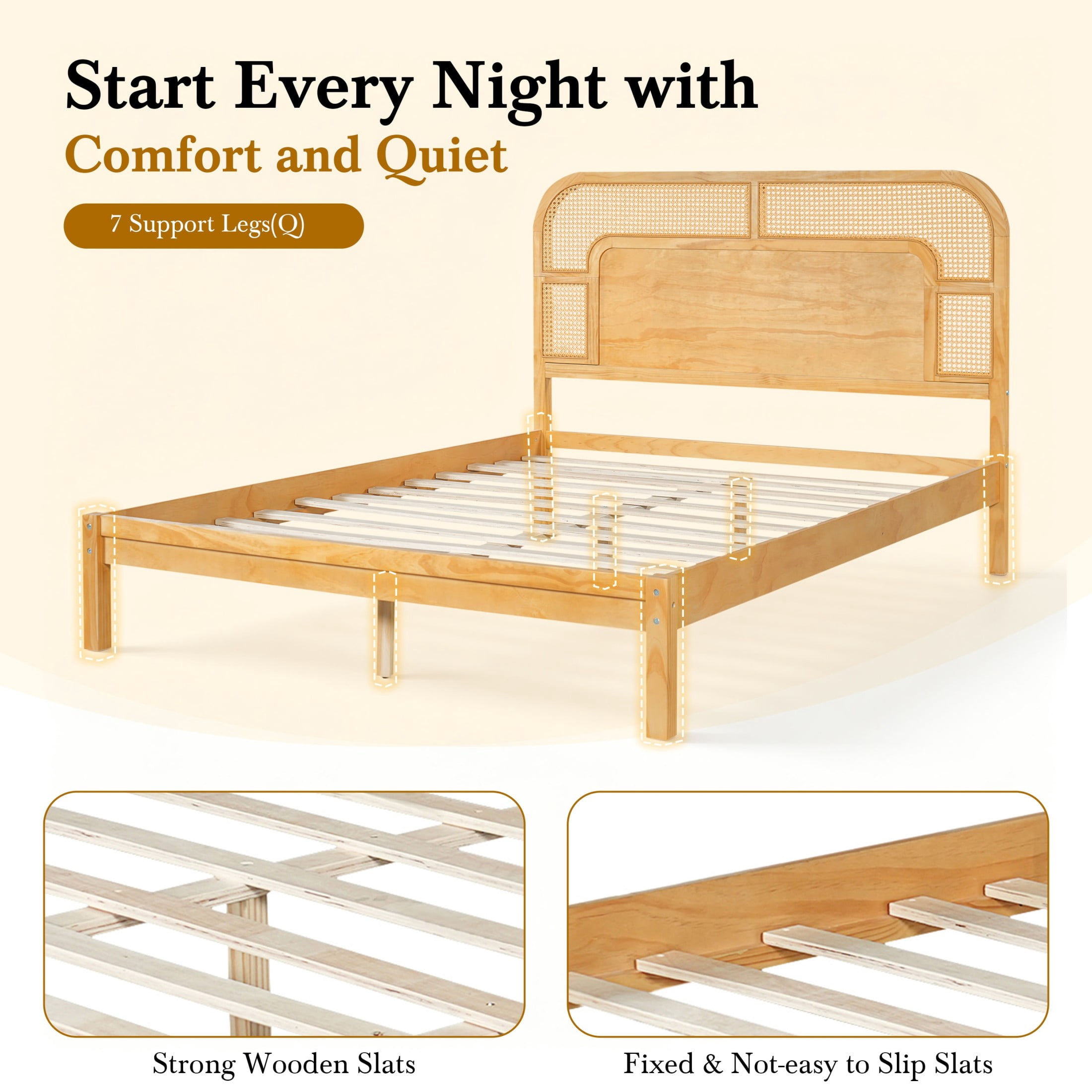 Christopher Knight Home Bohemian Queen Platform Bed with Rattan Headboard, Solid Wood Frame, Oak