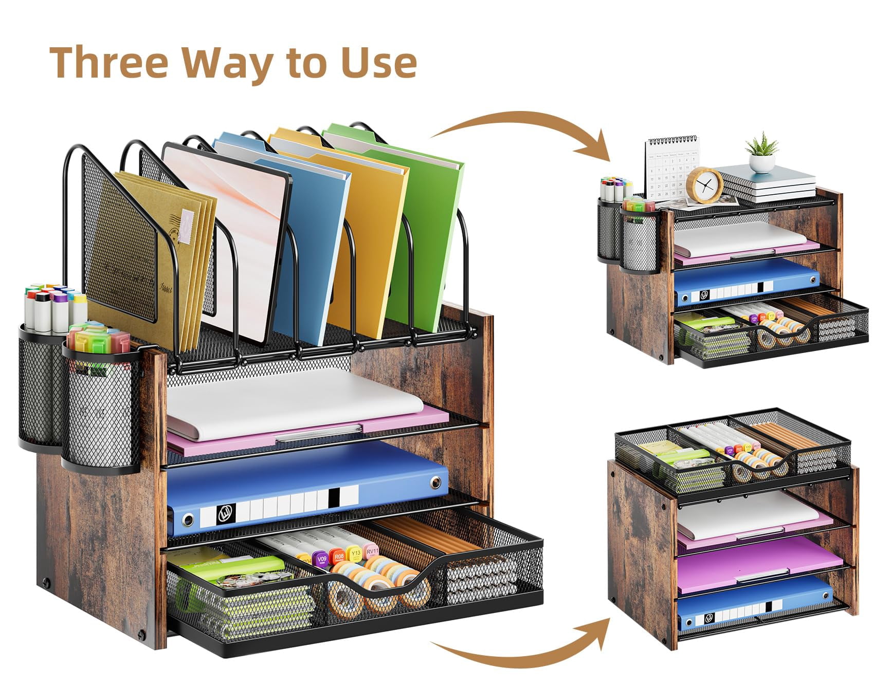Desk Organizer With Drawer  4-tier Wooden File 5 Vertical Holders And 2 Pen Organizers Accessories For Home Office - Dark Brown