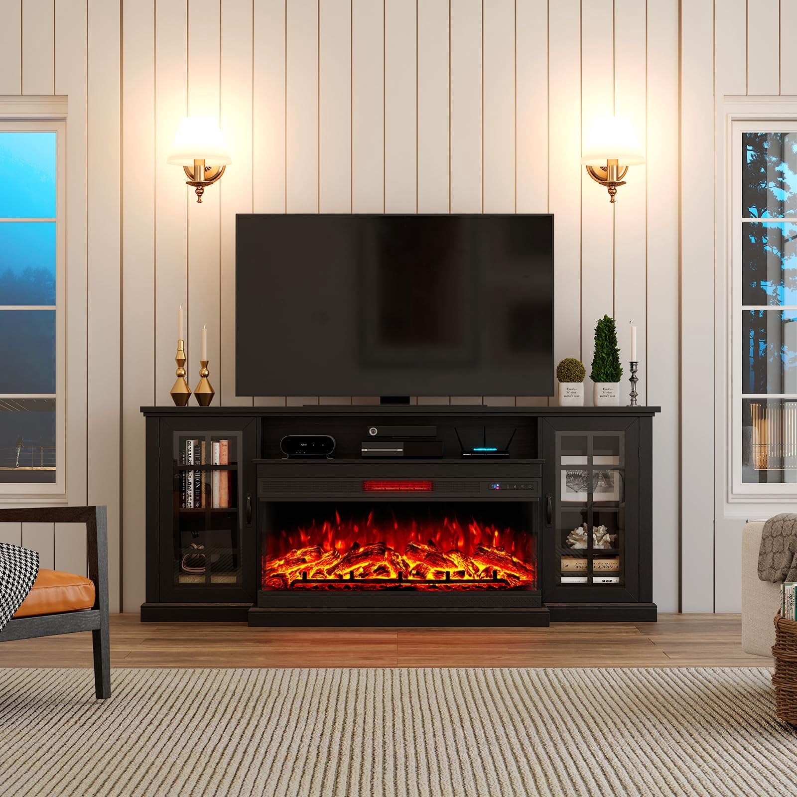 VANACC 75in 3-Sided Glass Fireplace TV Stand for TVs up to 85", Black
