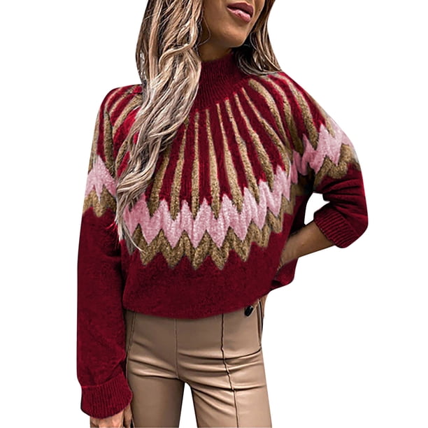 Gibobby Suéter de Cuello Redondo para Mujer, Suéter de gran tamaño con cuello redondo para mujer, manga larga, abombada, con manga larga(Rojo,XG)