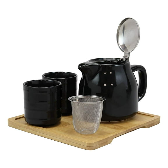 Midnight Black Contemporary Ceramic 20oz Tea Pot With 2 Cups And Bamboo Tray Set