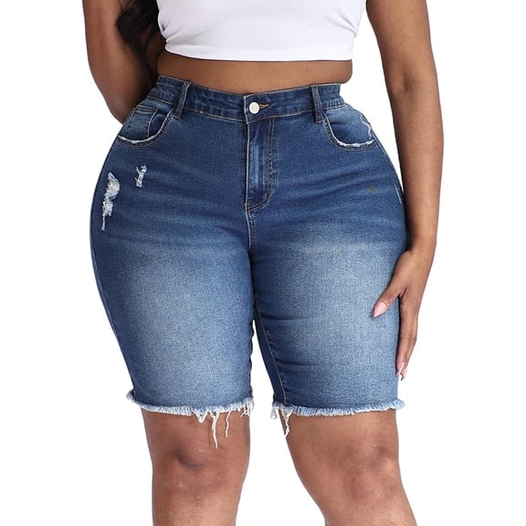 Gocolloa Women's Plus Size High Waisted Stretchy Jean Shorts 10" Inseam Raw Hem Denim Bermuda Shorts Royal Blue 22W