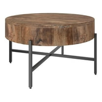 Pemberly Row Solid Wood and Iron Round Coffee Table Natural and Black