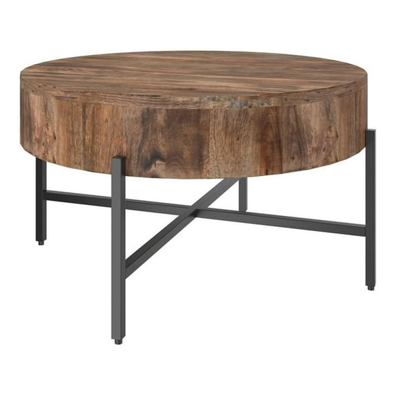 Pemberly Row Solid Wood and Iron Round Coffee Table Natural and Black
