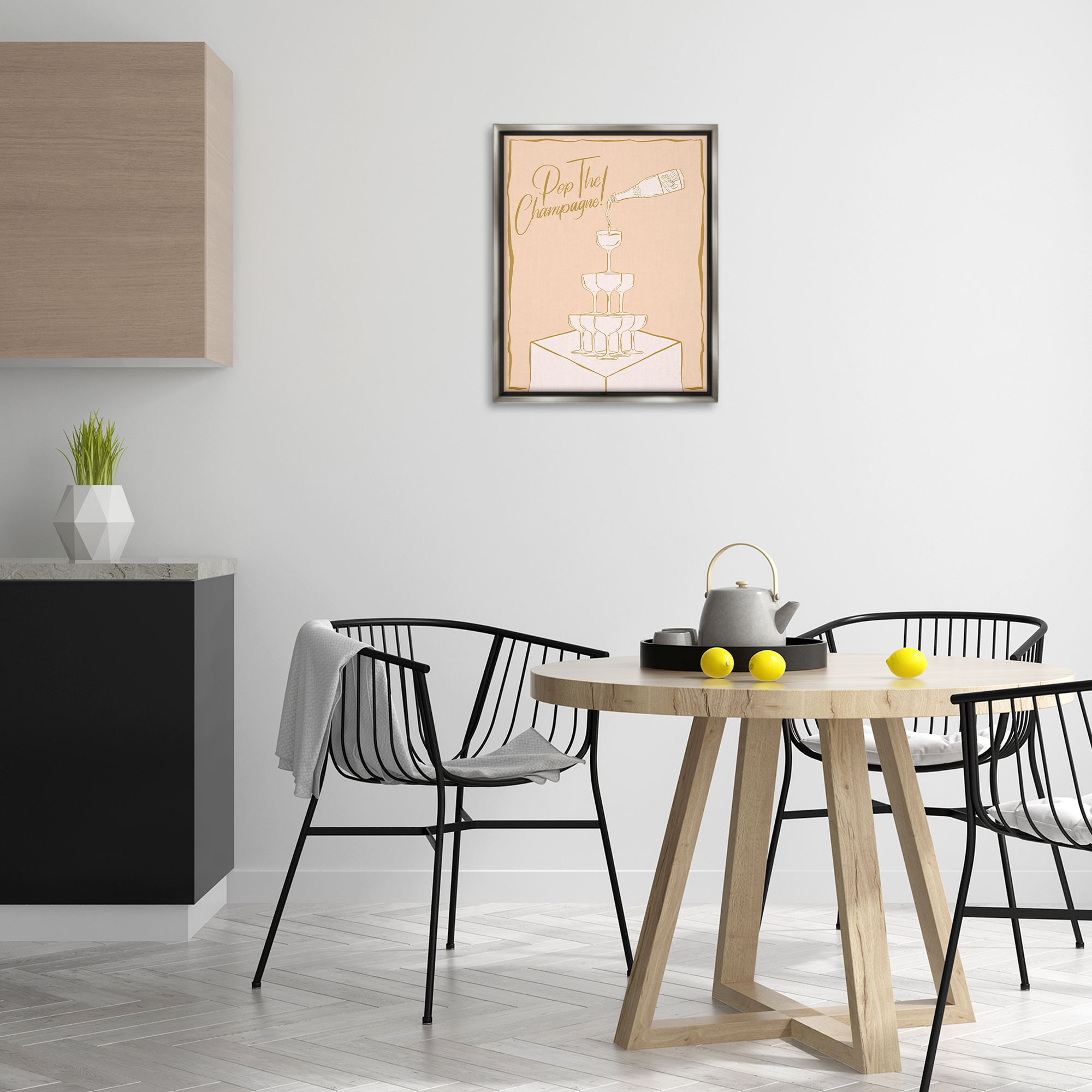 Stupell Industries Pop The Champagne Phrase Food & Beverage Painting Gray Floater Framed Canvas Art Print Wall Art, 17 x 21