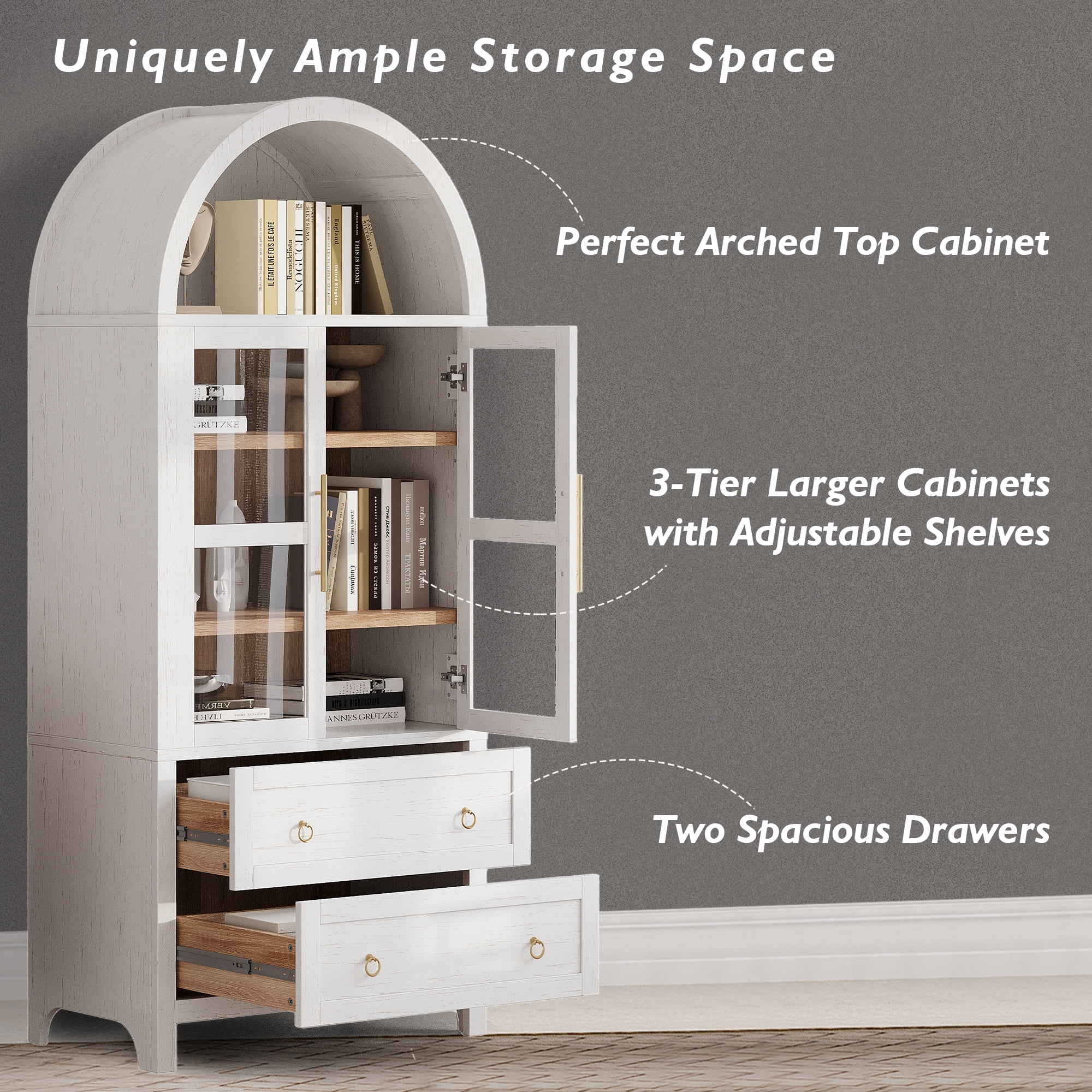 Harper & Bright Designs Arched Kitchen Pantry Cabinet with Glass Door and Shelves, Tall Farmhouse Kitchen Storage Cabinet with 2 Large Drawer and Versatile Cupboard, 71", White
