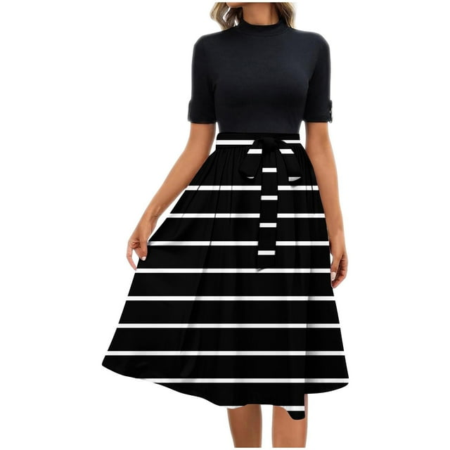 Kaemgyyd Robes de Travail pour Femmes Élégantes Manches 3/4 Patchwork Fluides Robes Trapèze Invitées de Mariage Affaires Robe Midi