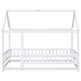 thumbnail image 2 of Twin Size Floor Wooden Bed, Montessori Bed with House Roof Design and Fence Guardrails, White, 2 of 9