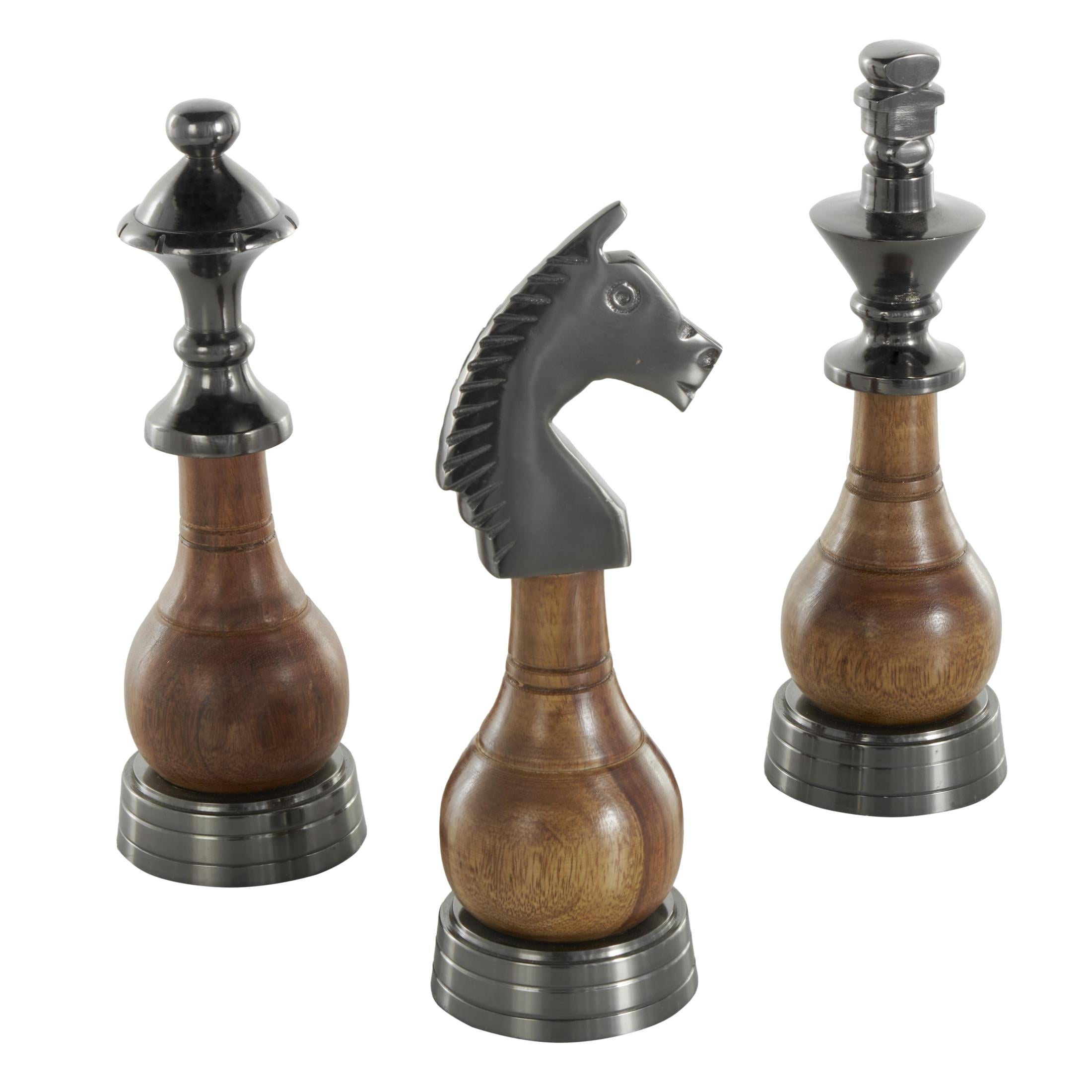 3"W, 9"H Dark Gray Aluminum Metal King, Queen, and Knight Chess Sculpture with Mango Wood Center, by DecMode (3 Count)