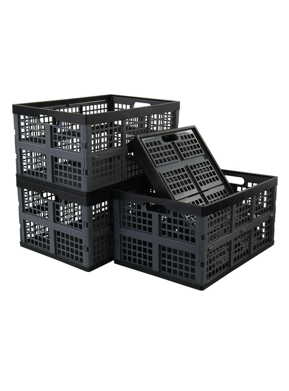 Rinboat 42 Liter Plastic Collapsible Storage Crate, Stacking folding crate, 4 Pack