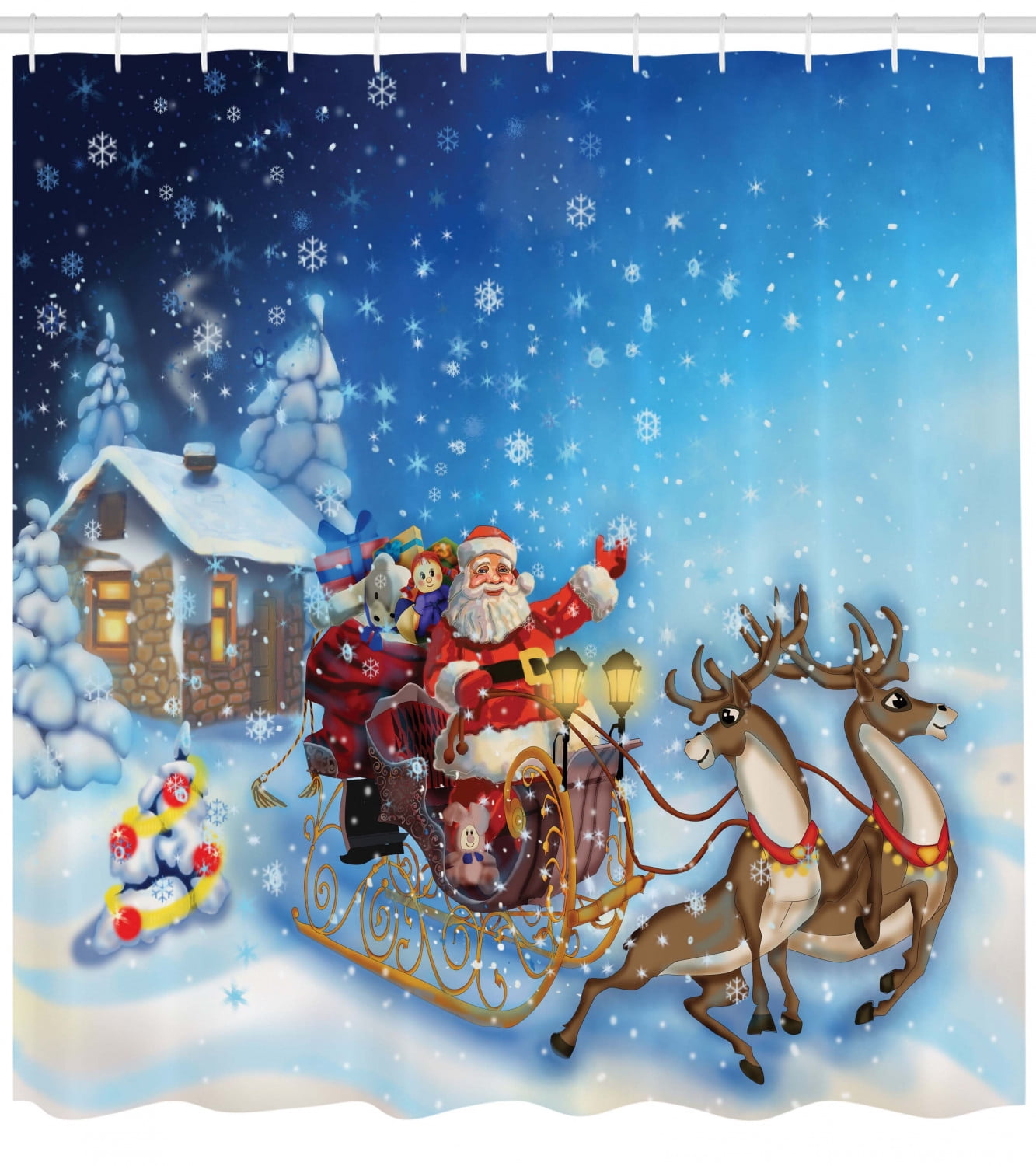 Christmas Shower Curtain Santa In Sleigh With Reindeer And Toys In Snowy North Pole Tale Fantasy Image Fabric Bathroom Set With Hooks Navy Blue By Ambesonne Walmart Com Walmart Com