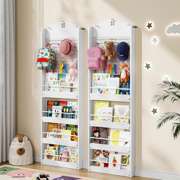 Kids Bookshelf, 4-Tier Behind The Door Wall Mount with  Pegboard and Hooks for Bedroom Nursery