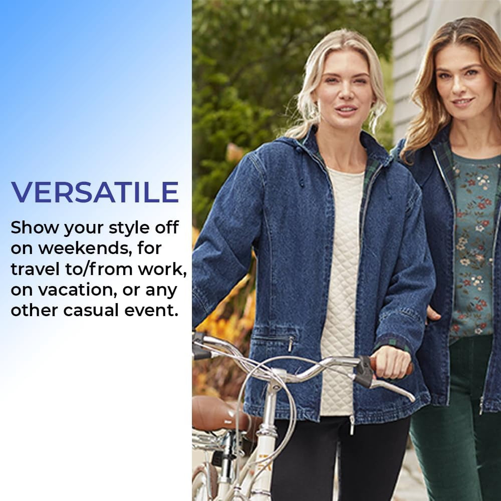 Sagefinds Women’s Flannel Lined Denim Jacket – Women Jeans Jacket | Detachable Hood | Zip Front-Side Pocket - X-Large
