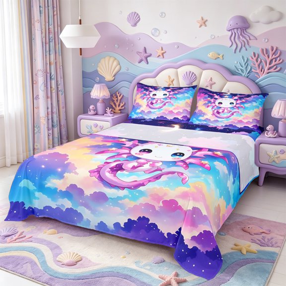 Manfei 3D Print Amphibian Axolotl Bed Sheets,Cute Salamander Pattern Full Size Sheets,4pcs,1 Flat Sheet,1 Fitted Sheet and 2 Pillowcases