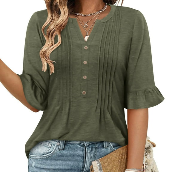 Your-Sty Women's V Neck Flare Short Sleeve Shirts Pleated Button Down Summer Causal Tops, Lightweight & Dressy for 2025 Trends